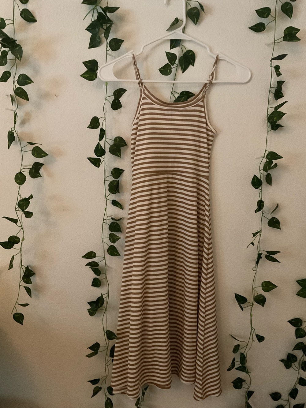 Girls' Cream and Tan Striped Maxi Dress with Spaghetti Straps